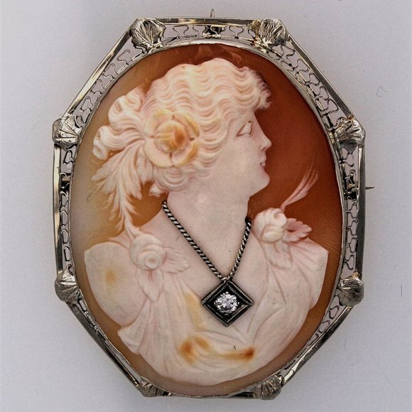 Vintage Jewelry - Antique Victorian Shell 14K White Gold & Diamond Habillé Cameo Brooch Pendant